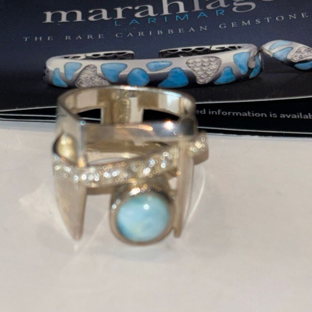 Marahlago Larimar Dante Sterling silver white topaz sculpture ring Sz 8 - Picture 3 of 12